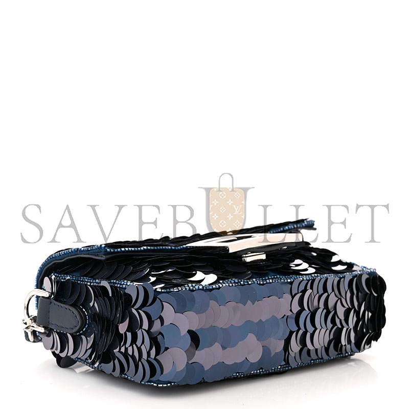 FENDI SEQUIN PAILLETTES VITELLO GRACE STRIPED MINI BAGUETTE DARK BLUE LUNAI (19*11*5cm)